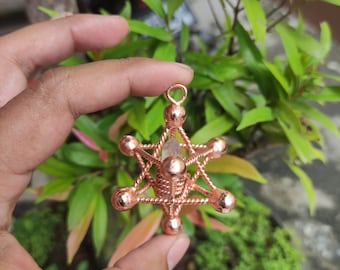 May include: A copper wire and crystal pendant in the shape of a star with a clear crystal in the center. The pendant is held in a hand.