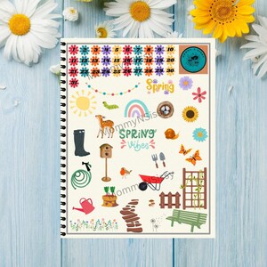 May include: A printable sheet of spring-themed stickers featuring a calendar, a rainbow, a deer, a birdhouse, a watering can, a garden hose, a wheelbarrow, a fence, a bench, a snail, a butterfly, a sunflower, a ladybug, a caterpillar, and the text "Spring Vibes".