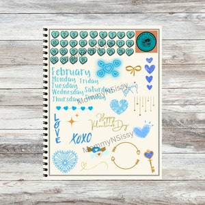 May include: A printable planner page with a February calendar, days of the week, and various blue and gold Valentine's Day themed stickers. The stickers include hearts, bows, stars, and the text "Happy Valentine's Day".