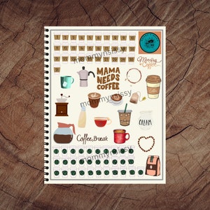 May include: A printable planner page with a coffee theme. The page features a calendar with coffee cups, a coffee pot, a coffee grinder, and other coffee-related illustrations. The text "Mama Needs Coffee" is featured in the center of the page.