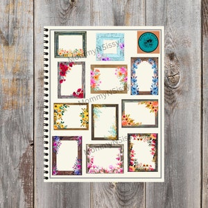 May include: A sheet of printable stickers featuring 12 different floral frame designs. Each frame has a white background and a rustic wooden frame with a floral border. The frames are perfect for adding a touch of whimsy to your planner, journal, or scrapbook.