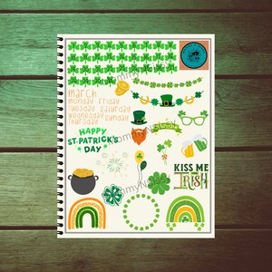 May include: A printable sheet of St. Patrick's Day themed stickers. The sheet includes a calendar for March, shamrocks, rainbows, leprechaun hats, a pot of gold, a beer mug, and the text "Kiss Me I'm Irish".