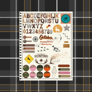 May include: A set of hunting-themed stickers featuring a variety of designs, including a deer, a dog, a tree, a target, a mushroom, and a camouflage pattern. The stickers also include the words "October", "Hunting Season", "Opening Day", "I'd rather be hunting", and "Gone Hunting".