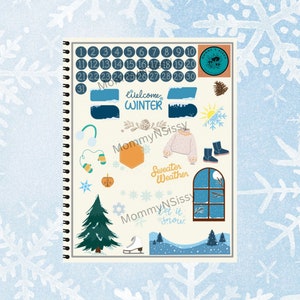 May include: A set of winter-themed stickers featuring a calendar, a snowman, a window, a pine tree, a snowflake, a mitten, a boot, a sweater, a sun, a pine cone, a candle, a star, a heart, and the text "Welcome Winter", "Sweater Weather", and "Let it Snow".