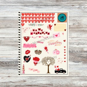 May include: A printable sheet of Valentine's Day stickers featuring a variety of designs, including hearts, flowers, a truck, a tree, a cupid, a lava lamp, a strawberry, a lollipop, and the text "Be My Valentine" and "Happy Valentine's Day".