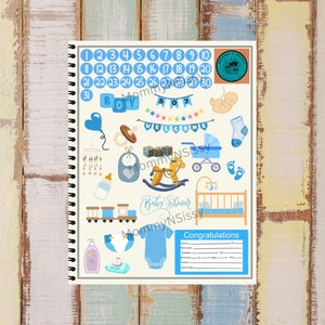 May include: A blue and white baby shower printable with a variety of baby-themed illustrations, including a rocking horse, a baby carriage, a crib, and a pacifier. The printable also includes a number chart, a welcome banner, and a congratulations section.