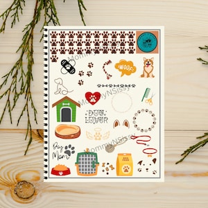 May include: A sheet of stickers featuring dog-themed illustrations, including paw prints, bones, dog houses, collars, leashes, and the words "Dog Lover" and "Woof".