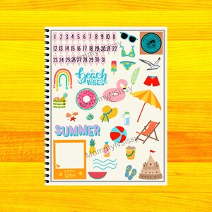 May include: A colorful summer-themed sticker sheet with a variety of images, including a watermelon, a pineapple, a beach umbrella, a beach chair, a sandcastle, a flamingo, a seashell, a pair of flip-flops, a beach ball, a popsicle, a rainbow, sunglasses, a swimsuit, a seagull, a beach towel, a bucket and shovel, a bottle of sunscreen, a wave, and the text "Beach Vibes" and "Summer".