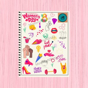 May include: A sheet of colorful stickers with various designs related to International Women's Day. The stickers feature illustrations of flowers, hearts, lips, crowns, a megaphone, a dumbbell, a fist, a female symbol, and the words "International Women's Day", "Girl Power", "Boss Babe", and "Women for Women".