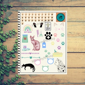 May include: A set of colorful cat-themed stickers featuring paw prints, a cat, a rainbow, a cat food can, a litter box, a comb and scissors, a cat mom text, a vet sign, and a cat head with whiskers.