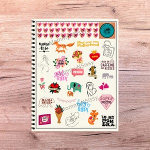 May include: A sheet of colorful stickers with various designs and phrases related to motherhood. The stickers feature illustrations of animals, flowers, hearts, and text such as "Mama to be", "Girl Mom", "I run on caffeine and kisses", and "Super Mom".
