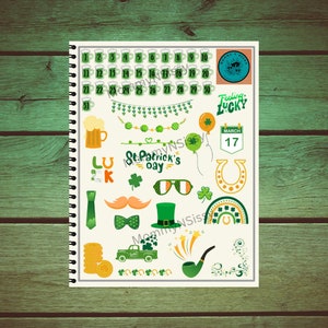 May include: A sheet of St. Patrick's Day themed stickers with a calendar, shamrocks, a pot of gold, a pipe, a horseshoe, a leprechaun hat, a rainbow, and the text "Feeling Lucky" and "St. Patrick's Day".