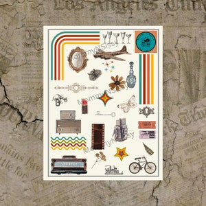 May include: A vintage-style digital collage sheet with images of a plane, a bottle, a key, a camera, a truck, a bicycle, a fern, a film reel, a star, a butterfly, a flower, a wave, a mirror, a lipstick, a radio, a ticket, a bottle stopper, and a few other decorative elements. The background is a light beige color.