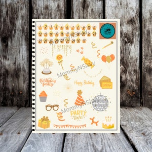 May include: A printable sheet of birthday party stickers with a yellow and orange color scheme. The stickers feature a variety of images, including cupcakes, balloons, confetti, a disco ball, a party hat, and the text "Birthday Party" and "Party Time!"