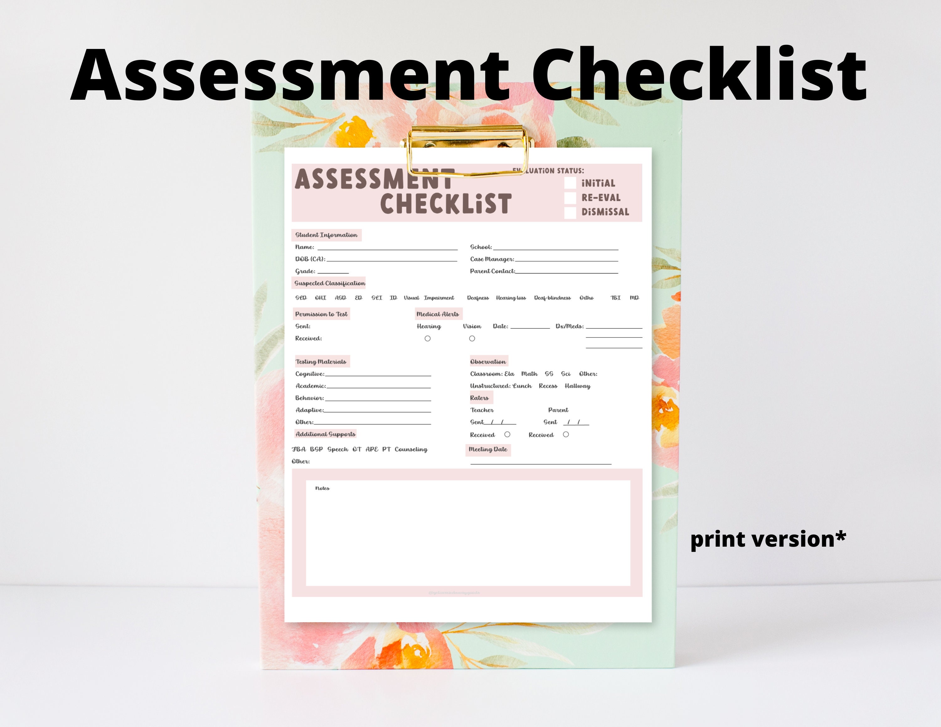 School Psychology Evaluation Checklist File Cover Assessment Checklist ...
