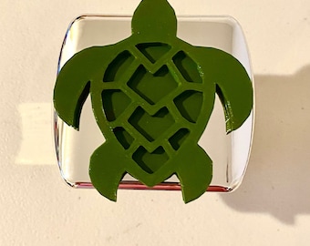 Honu Turtle with Shell in 3D - 2 inch Trail Hitch Cover - Chrome with Army Green - Cool Design - Cute Hawaiian Style Hawaii