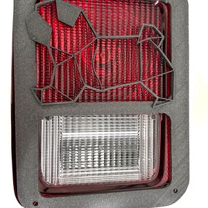 May include: A black plastic frame with a red and clear taillight assembly. The taillight has a geometric design.
