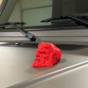 May include: A red 3D printed figurine of a man's head with a beard and goggles. The figurine is sitting on a gray surface.