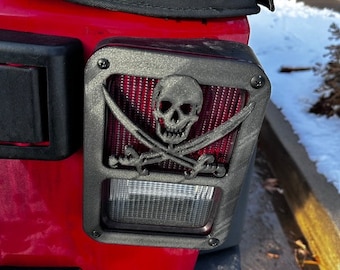 Jolly Pirate Skull w Swords in 3D - Black For Jeep Wrangler JK/JKU Rear Tail Light Covers (07-18) Love Har Har Skeleton