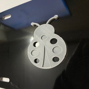 Puede incluir: Un adorno de metal en forma de mariquita gris con puntos negros. El adorno está sujeto a una superficie de metal negro.