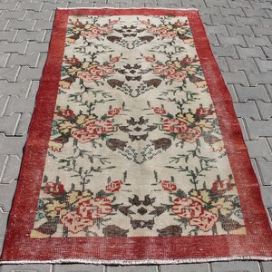 Red Floral Rug, 3.6 x 6.5 ft Rug, Wool Rug, Turkish Rug Floral, Vintage Area Rug, Vintage Oushak Rug, Anatolian Rug, Floor Rug, Ethnic Rug