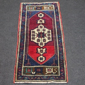 Oushak Rug, 1.6 x 3.3 ft Turkish Rug, Vintage Turkish Rug, Red And Blue Rug, Wool Anatolian Rug, Bohemian Rug, Kithcen Rug, Tribal Area Rug