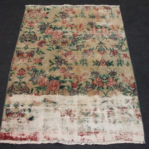 Distressed Rug, 3.2 x 4.4 ft Rug, Handmade Rug, Vintage Rug, Old Rug, Beige And Green Rug, Oriental Rug, Turkish Rug, Handwoven Area Rug