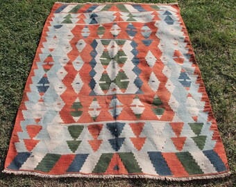 Orangefarbener türkischer Kelimteppich: Vintage Wollteppich (100 x 150 cm)