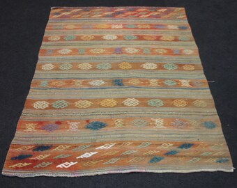 Handgefertigter Orange Orange Kelim Teppich: Türkischer Vintage Teppich (100 x 120 cm)