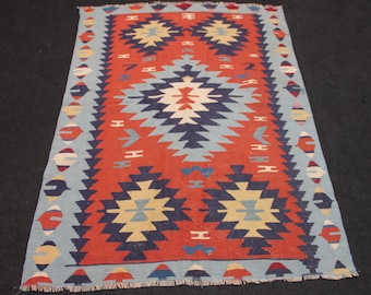 Red Wool Kilim Rug: Handmade Turkish Tribal Area Rug, 3.6 x 5.3 ft
