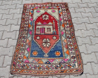 Wollen Turks gebedskleed: vintage handgemaakt bohodecor (2,8 x 4,6 ft)