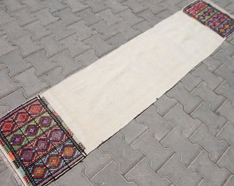 Vintage Turkish Kilim Runner: White Boho Wool Rug (1.5 x 7.2 ft)