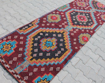 Rood wollen kelimloper: vintage Turks gangkleed (3,0 x 9,0 ft)