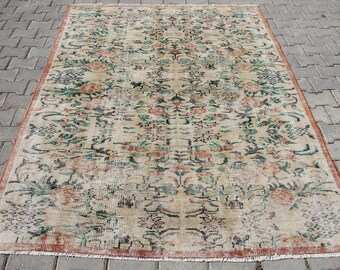 Floral Vintage Turkish Wool Rug: 5.4 x 7.6 ft Bohemian Area Rug