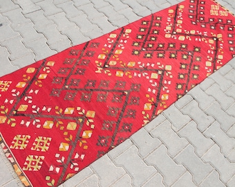 Vintage Red Wool Kilim Runner Rug: Turkish Boho Tribal Rug (2.5 x 8.1 ft)