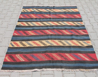 Alfombra Kilim a rayas: 1,3 x 1,9 m, alfombra turca vintage de lana