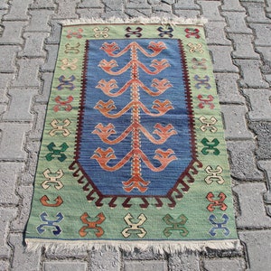 Blue Vintage Kilim, 2.7 x 3.9 ft Rug, Turkish Kilim Rug, Boho Decor Rug, Turkey Rug, Floor Rug, Christmas Rug, Handmade Rug, Bohemian Rug
