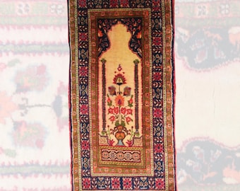 Curated Vintage Prayer Rug - 2x4 ft | Handmade Beige Wool Carpet