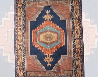 Tappeto vintage fatto a mano - 3 x 5 piedi / Tappeto anatolico in lana blu