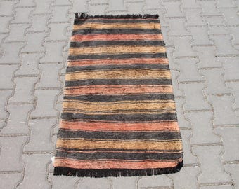 Handmade Wool Kilim Rug: Brown & Beige Striped Vintage Carpet (2x3 ft)