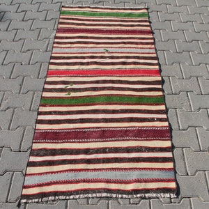Striped Turkish Kilim Rug: Handwoven Wool Boho Decor (2.6 x 5.7 ft)