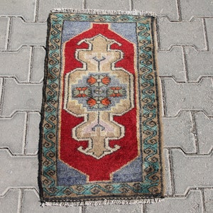 Vintage Tribal Rug, 1.4 x 2.5 ft Rug, Wool Handmade Rug, Blue Oushak Rug, Anatolian Rug, Turkish Rug, Southwestern Rug, Boho Decor Rug