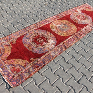 Vintage Roter Türkischer Wollteppich: 7 x 25 cm, Tribal Teppich