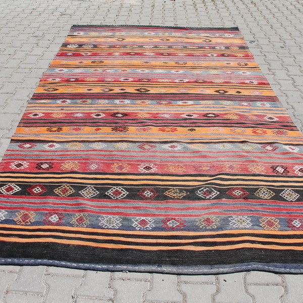 Muted Turkish Kilim, 6.2 x 10.8 ft Rug, Vintage Kilim Rug, Handmade Wool Rug, Rug For Living Room, Boho Kilim Rug, Ethnic Kilim, Rustic Rug