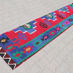 Red Boho Kilim Rug: Vintage Handmade Wool Anatolian Rug (2.1 x 10.3 ft)