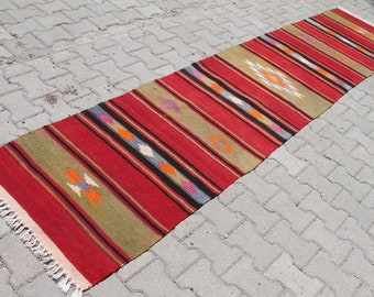 Vintage Turkish Kilim Runner Rug: Colorful Boho Hallway Rug (2.6 x 11.6 ft)