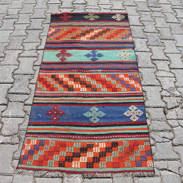 Small Boho Rug, 2.7 x 5.9 ft Rug, Wool Kilim Rug, Orange Turkish Kilim, Tribal Area Rug, Boho Decor Rug, Eclectic Rug, Vintage Door Mat