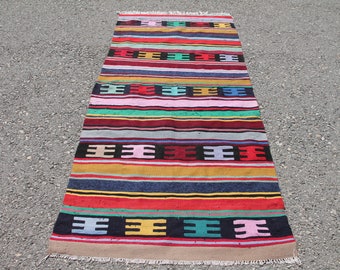 Handgemaakt vintage kelimtapijt: 3,4 x 7,6 ft, anatolisch wol-katoentapijt
