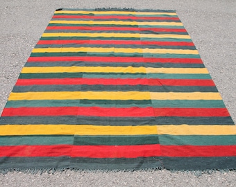 Alfombra Kilim turca a rayas (1,8 x 2,7 m): alfombra vintage bohemia de lana y algodón hecha a mano