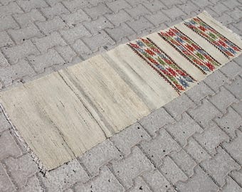 May include: A white runner rug with a colourful geometric pattern. The rug has a fringe border and is made of natural fibres.